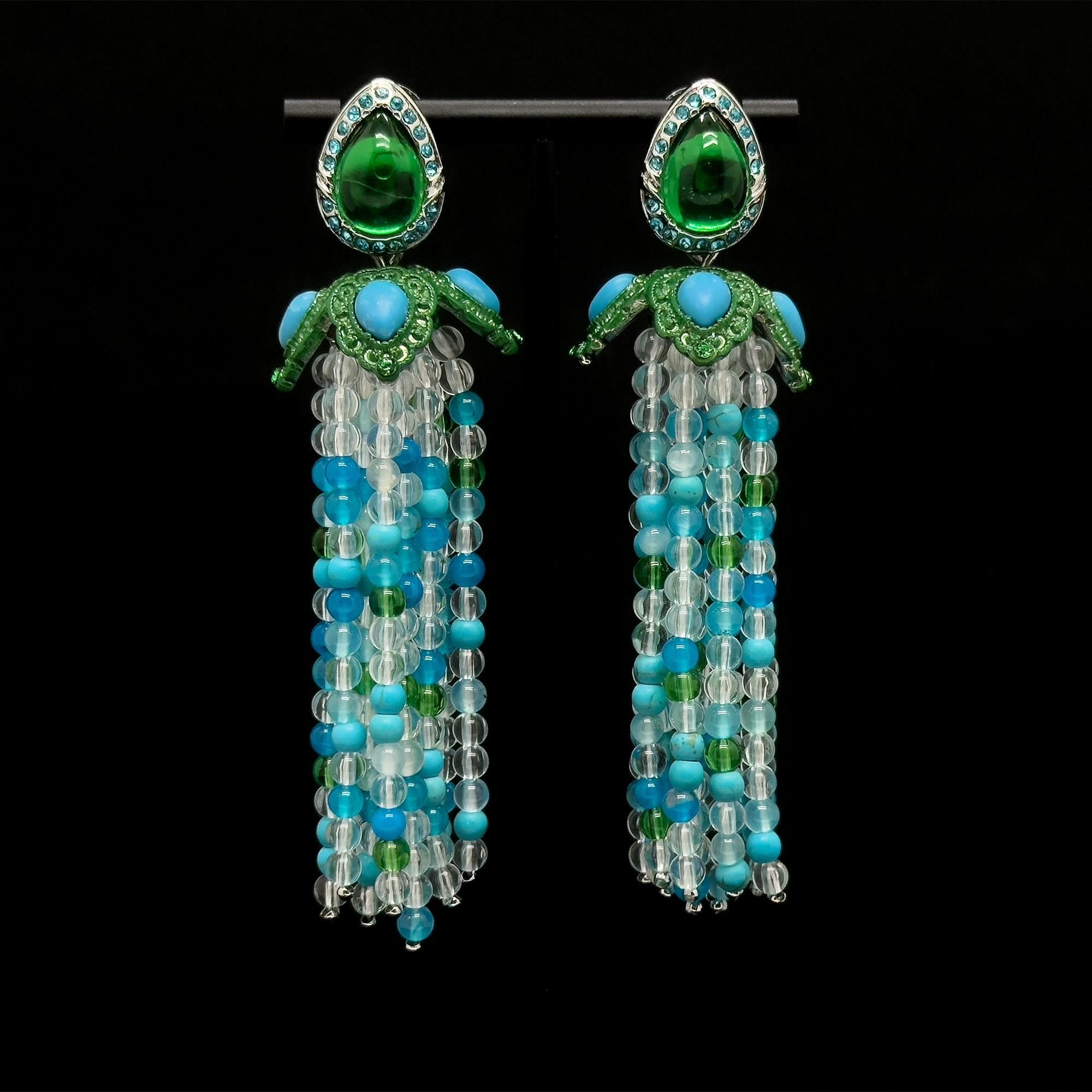 Art Deco Turquoise Boho Beaded Long Tassel Onyx Earrings