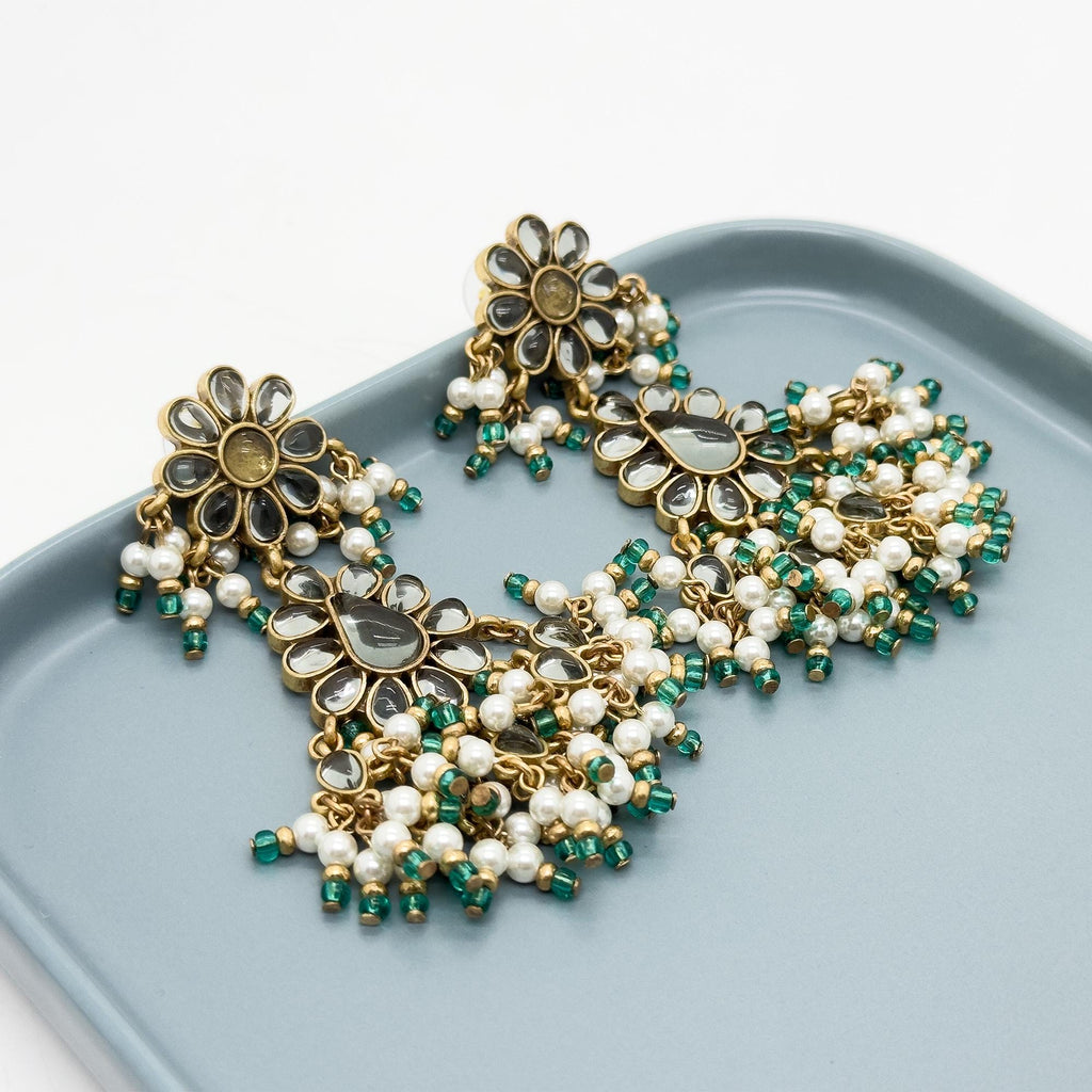 Art Deco Floral Glass Tassel Earrings 18K Gold-Plated Copper