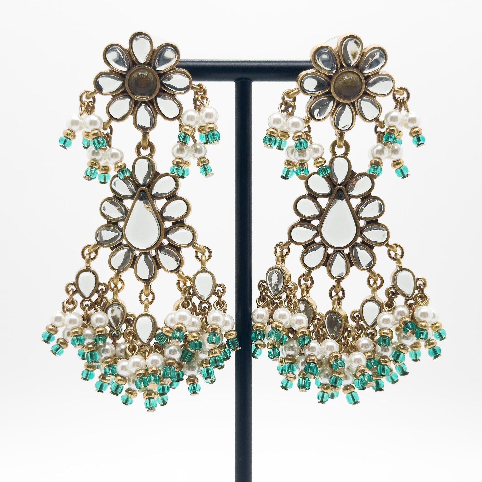 Art Deco Floral Glass Tassel Earrings 18K Gold-Plated Copper