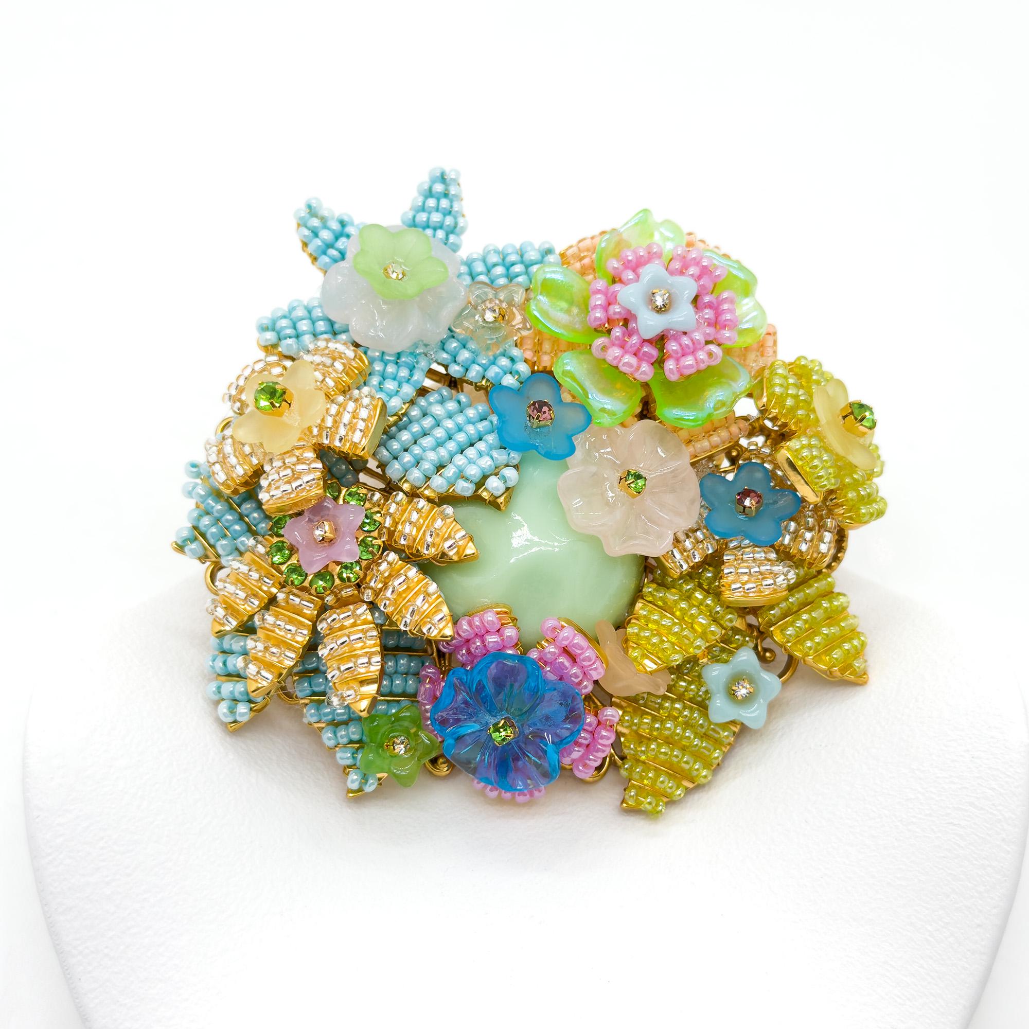 Vintage Art Deco Beaded 3D Flower Brooch Copper Coat Pin