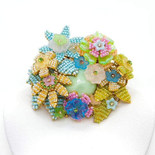 Vintage Art Deco Beaded 3D Flower Brooch Copper Coat Pin