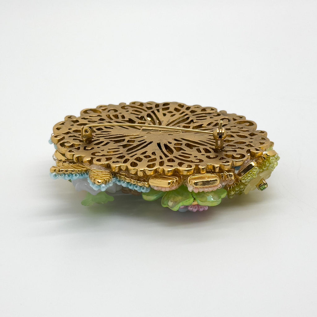 Vintage Art Deco Beaded 3D Flower Brooch Copper Coat Pin