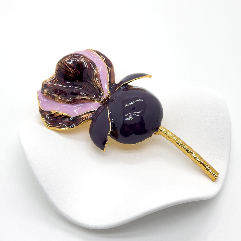 Vintage Art Deco Enamel 3D Flower Brooch Purple Copper Pin
