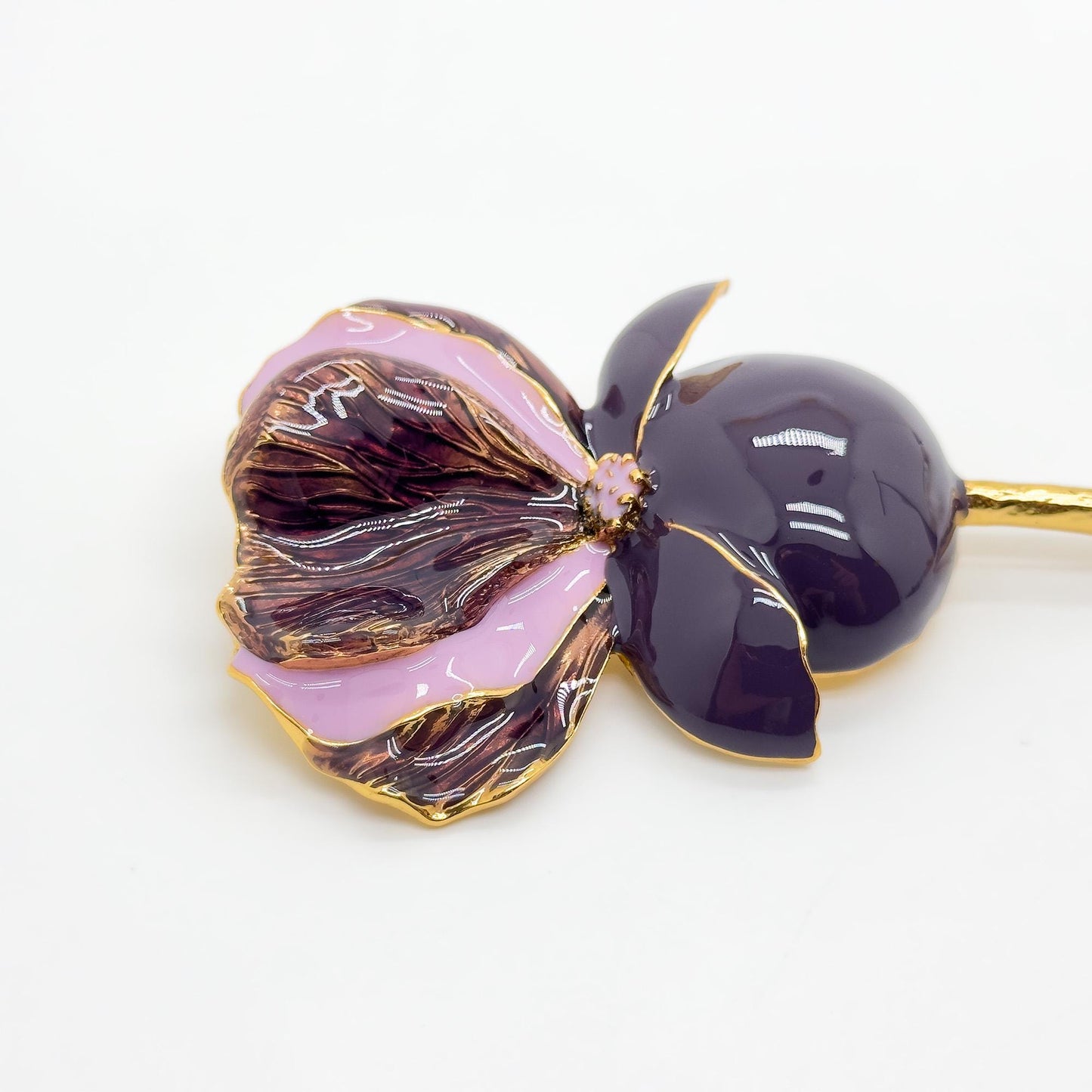 Vintage Art Deco Enamel 3D Flower Brooch Purple Copper Pin