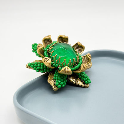 Vintage Art Deco 3D Sunflower Brooch Beaded Green Coat Pin