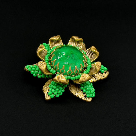 Vintage Art Deco 3D Sunflower Brooch Beaded Green Coat Pin