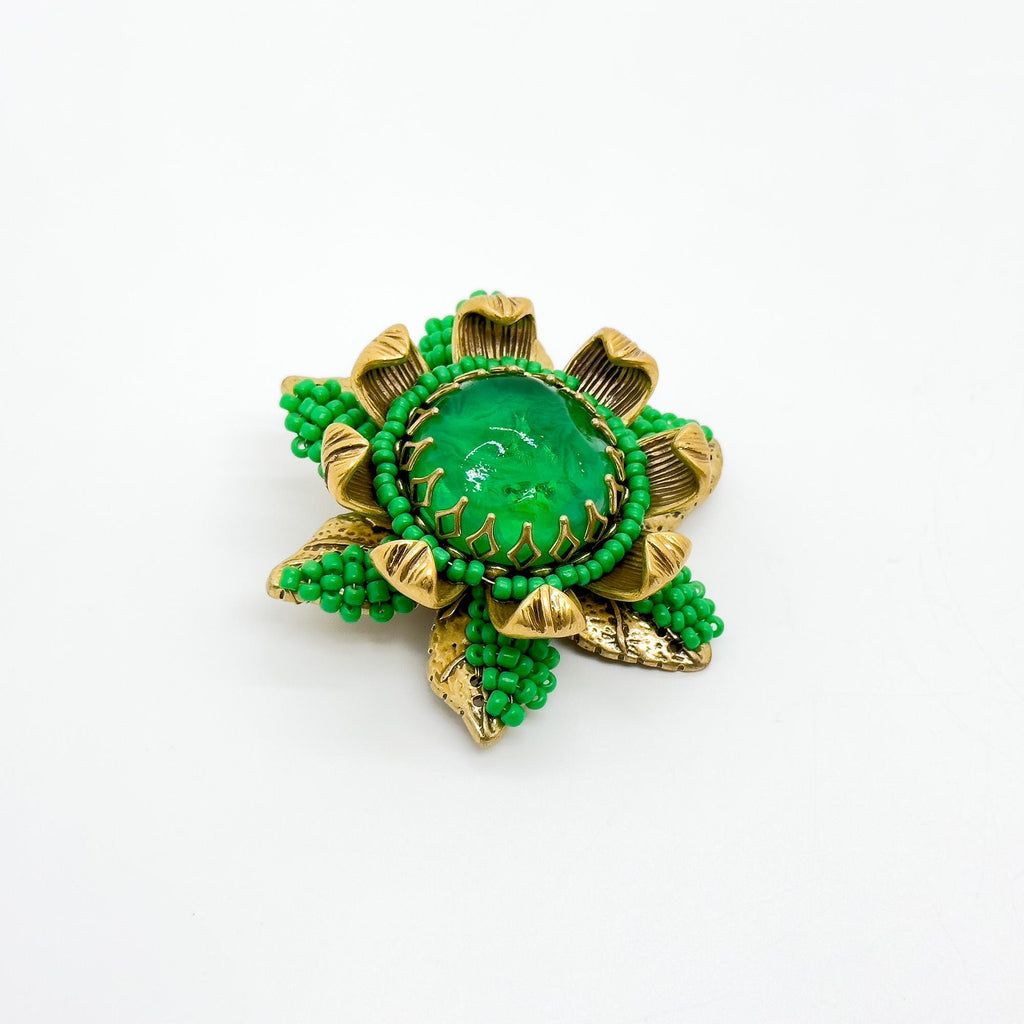Vintage Art Deco 3D Sunflower Brooch Beaded Green Coat Pin