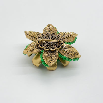 Vintage Art Deco 3D Sunflower Brooch Beaded Green Coat Pin