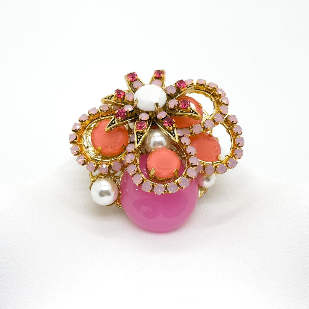 Vintage Art Deco Pink Crystal Pearl Copper Brooch, Festive Pin