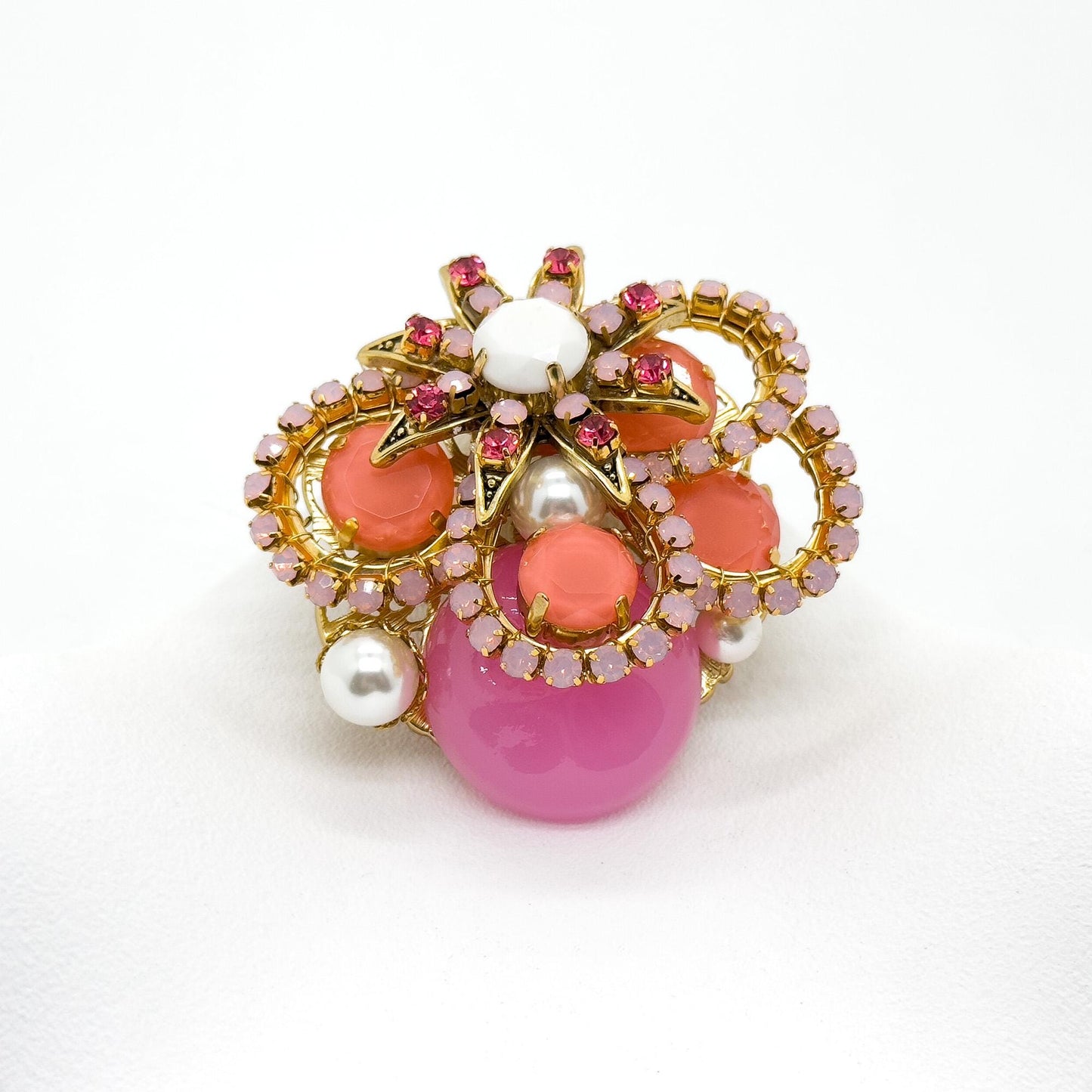 Vintage Art Deco Pink Crystal Pearl Copper Brooch, Festive Pin
