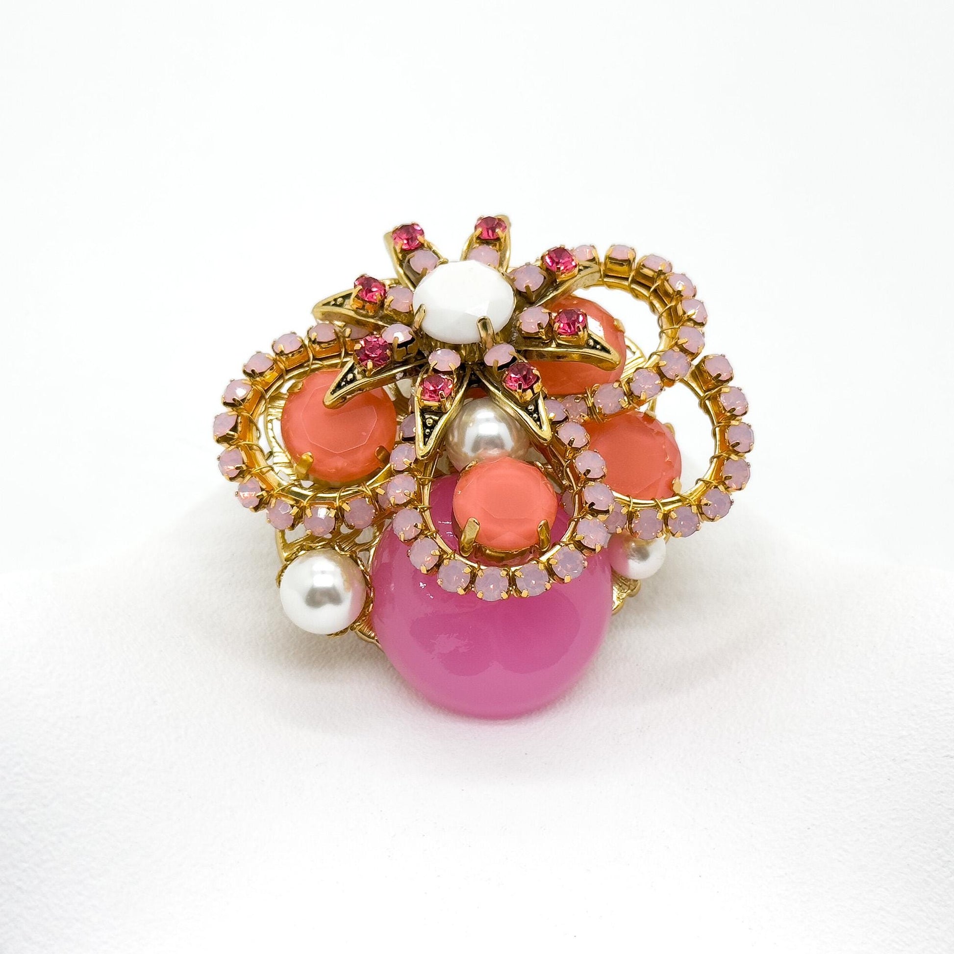 Vintage Art Deco Pink Crystal Pearl Copper Brooch, Festive Pin