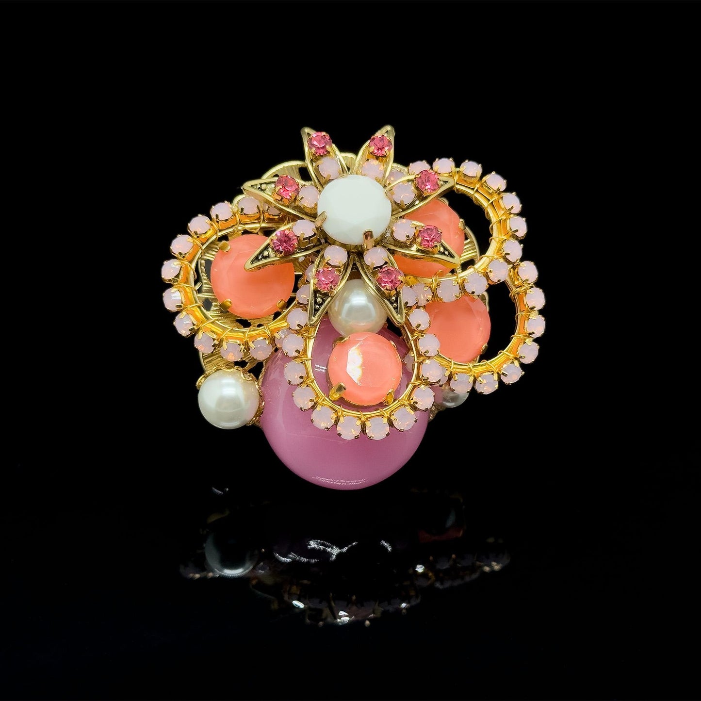 Vintage Art Deco Pink Crystal Pearl Copper Brooch, Festive Pin