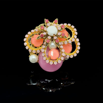 Vintage Art Deco Pink Crystal Pearl Copper Brooch, Festive Pin