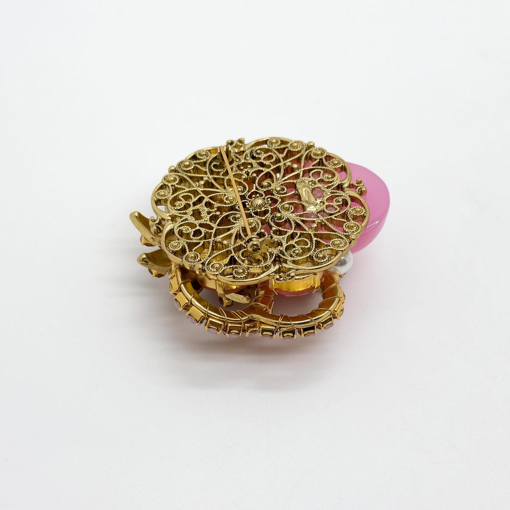 Vintage Art Deco Pink Crystal Pearl Copper Brooch, Festive Pin