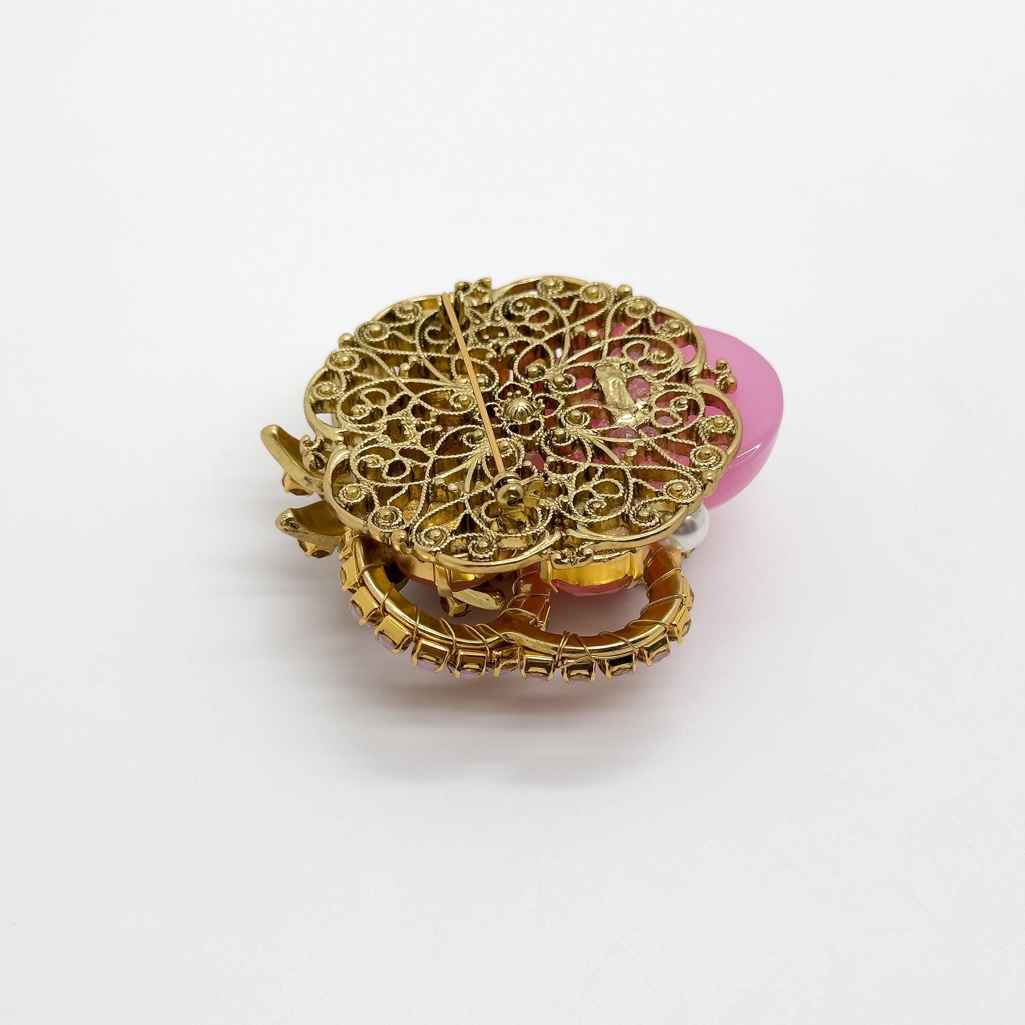 Vintage Art Deco Pink Crystal Pearl Copper Brooch, Festive Pin
