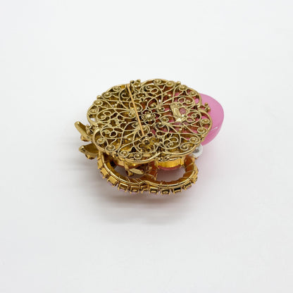 Vintage Art Deco Pink Crystal Pearl Copper Brooch, Festive Pin