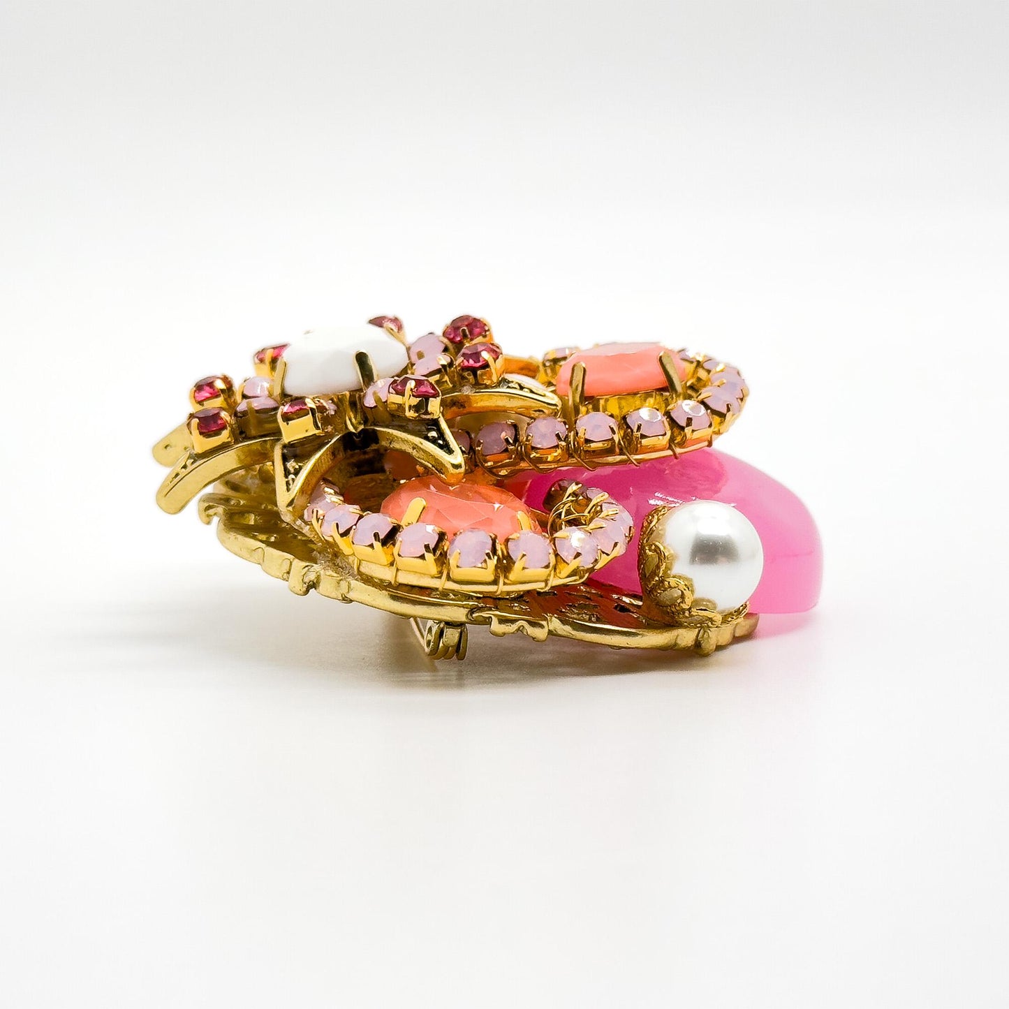 Vintage Art Deco Pink Crystal Pearl Copper Brooch, Festive Pin