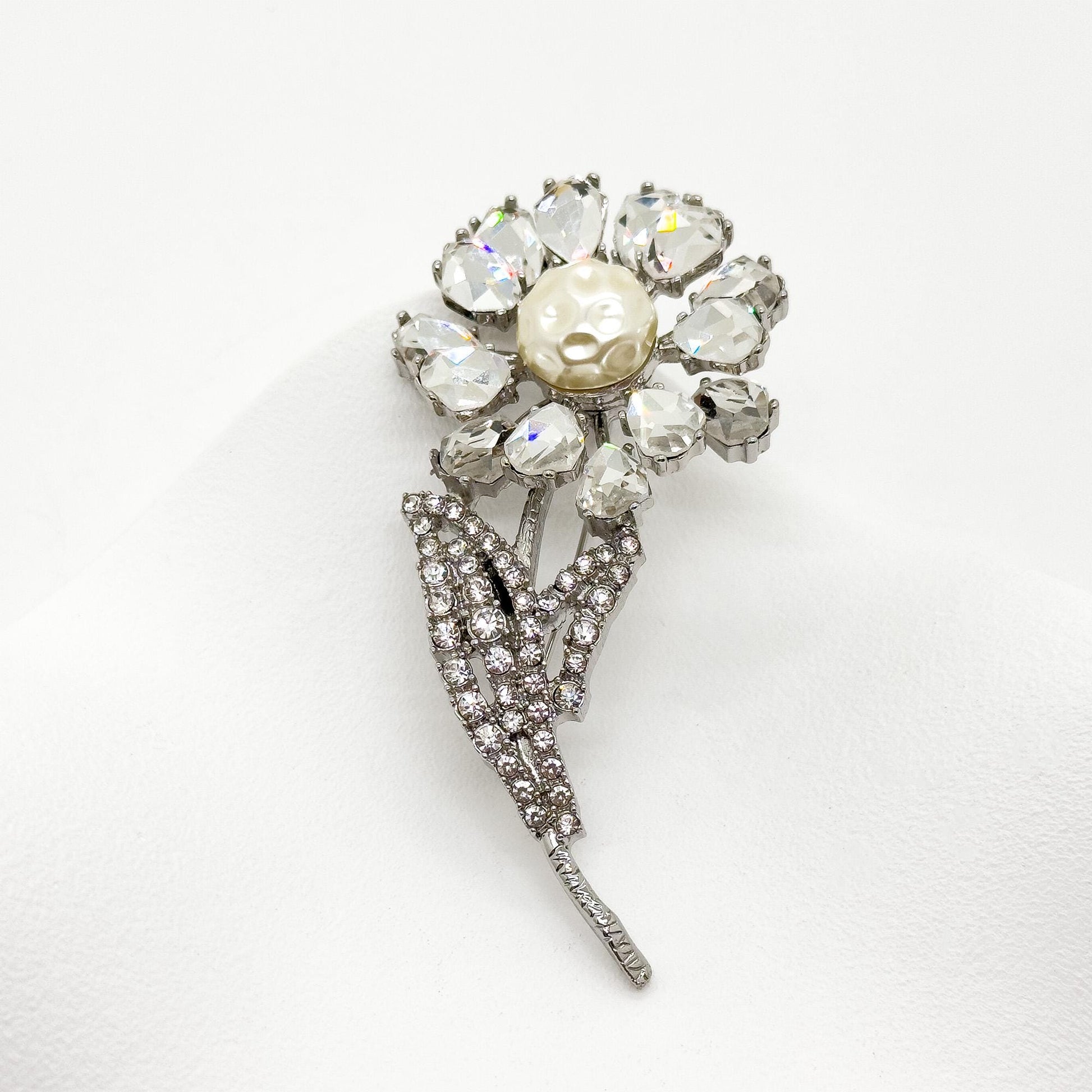 Vintage Art Deco 3D Rose Brooch Copper Glass Pearl Accent