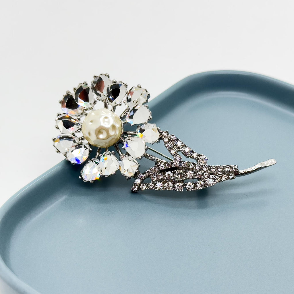 Vintage Art Deco 3D Rose Brooch Copper Glass Pearl Accent