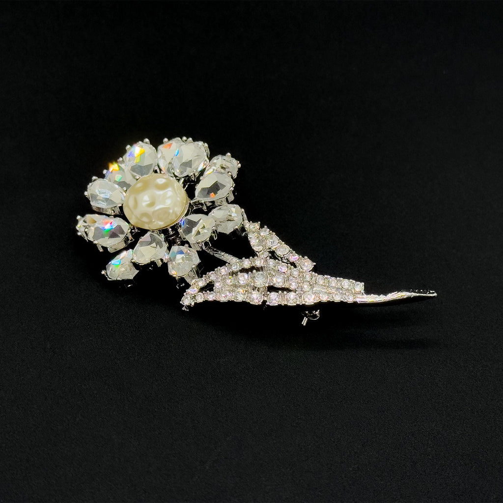 Vintage Art Deco 3D Rose Brooch Copper Glass Pearl Accent