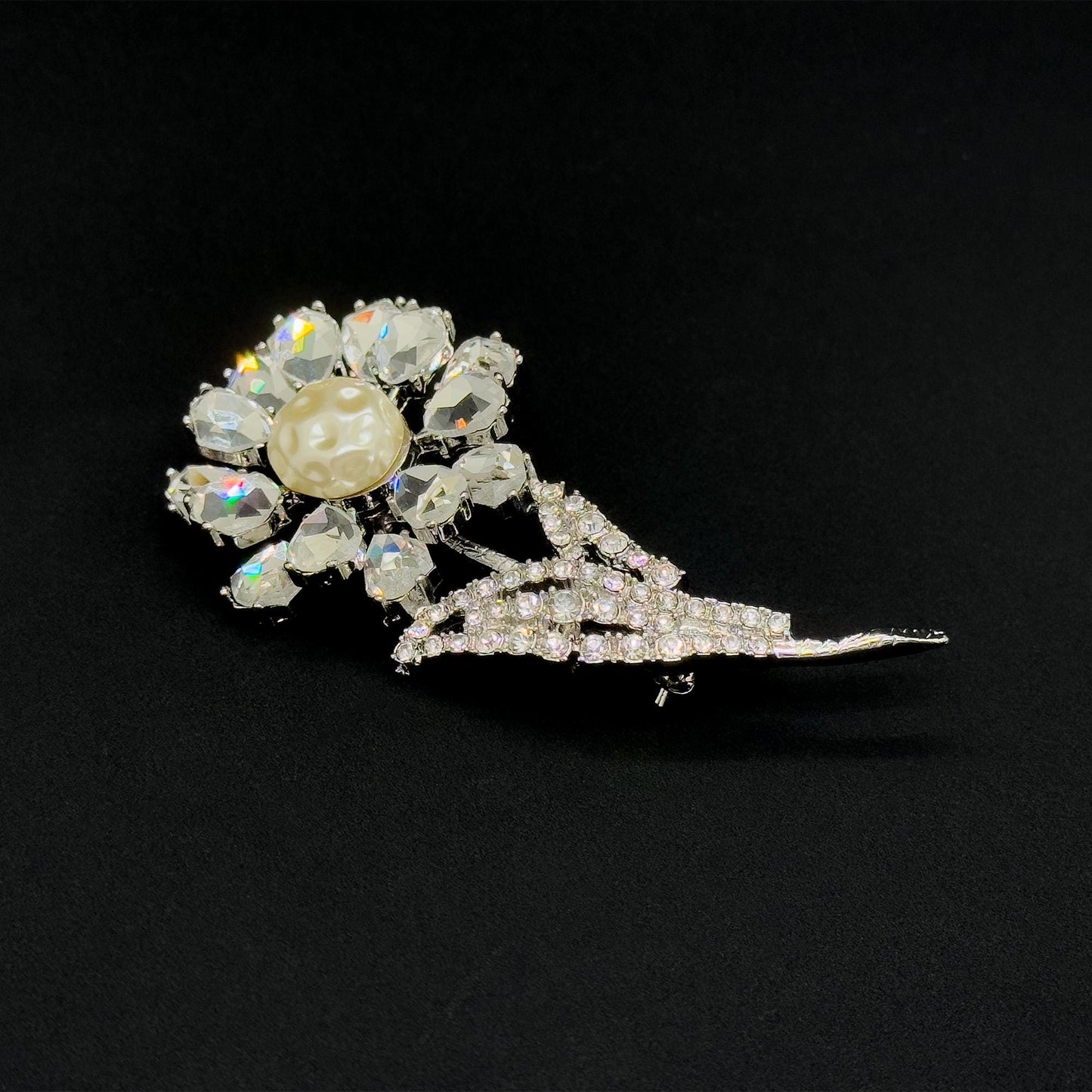 Vintage Art Deco 3D Rose Brooch Copper Glass Pearl Accent