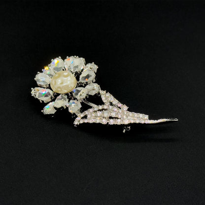 Vintage Art Deco 3D Rose Brooch Copper Glass Pearl Accent