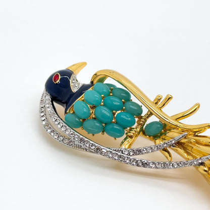 Vintage Art Deco 3D Bird Brooch Gold-Plated Rhinestone Magpie