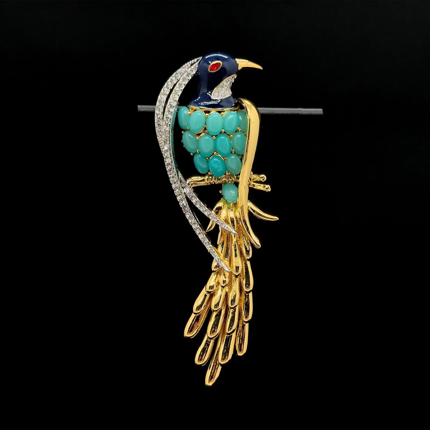 Vintage Art Deco 3D Bird Brooch Gold-Plated Rhinestone Magpie