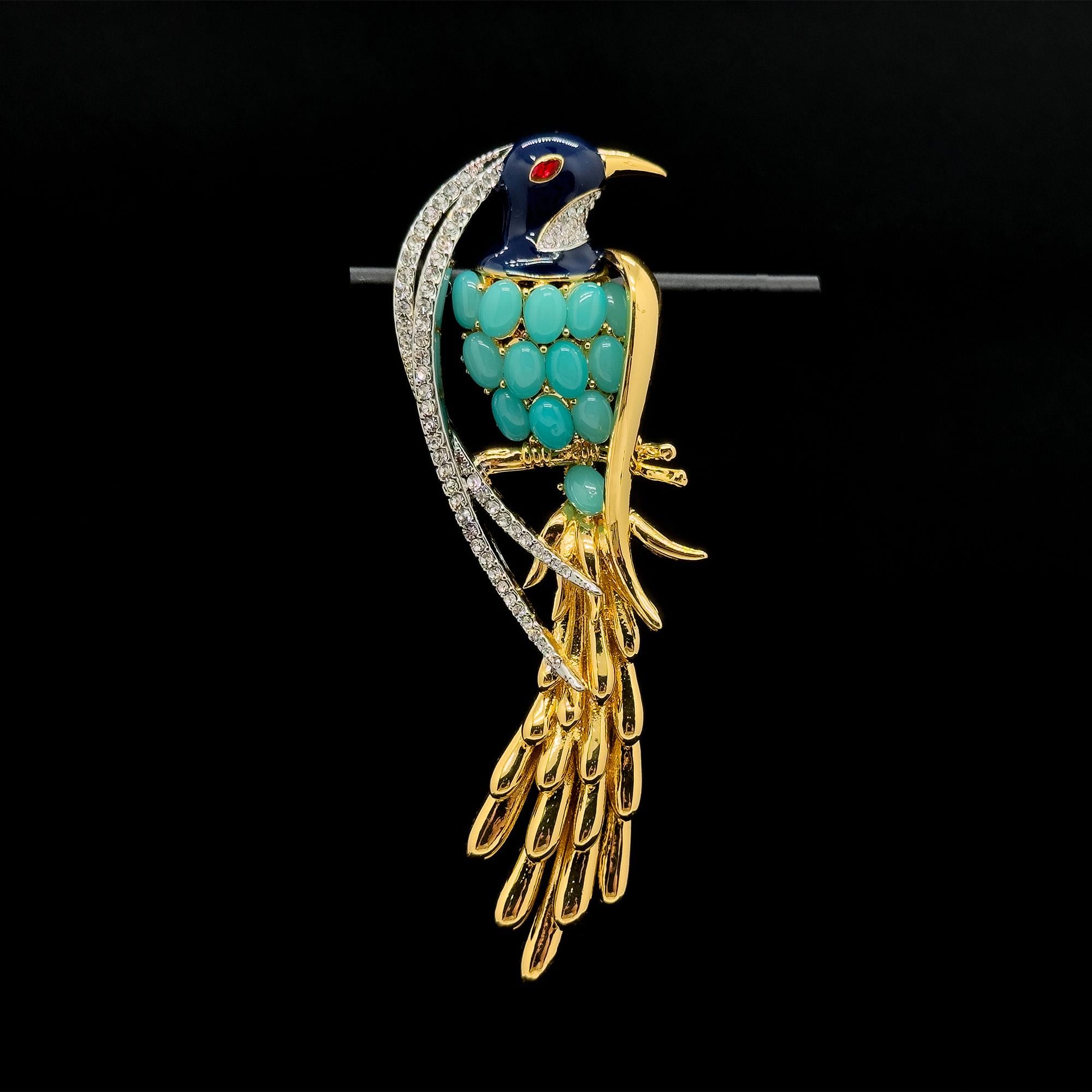 Vintage Art Deco 3D Bird Brooch Gold-Plated Rhinestone Magpie