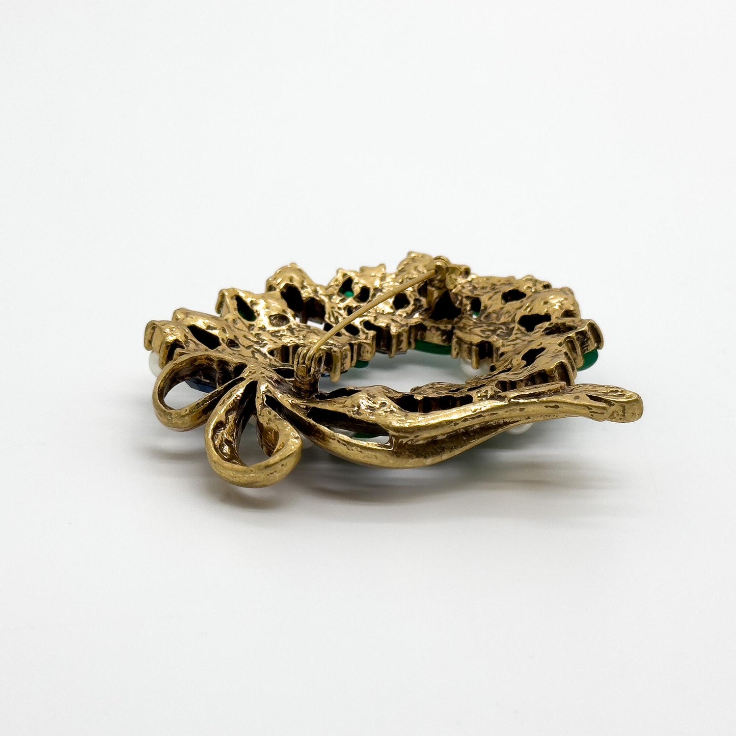 Vintage Art Deco Floral Bow Brooch Glass Pearl Copper 1960s