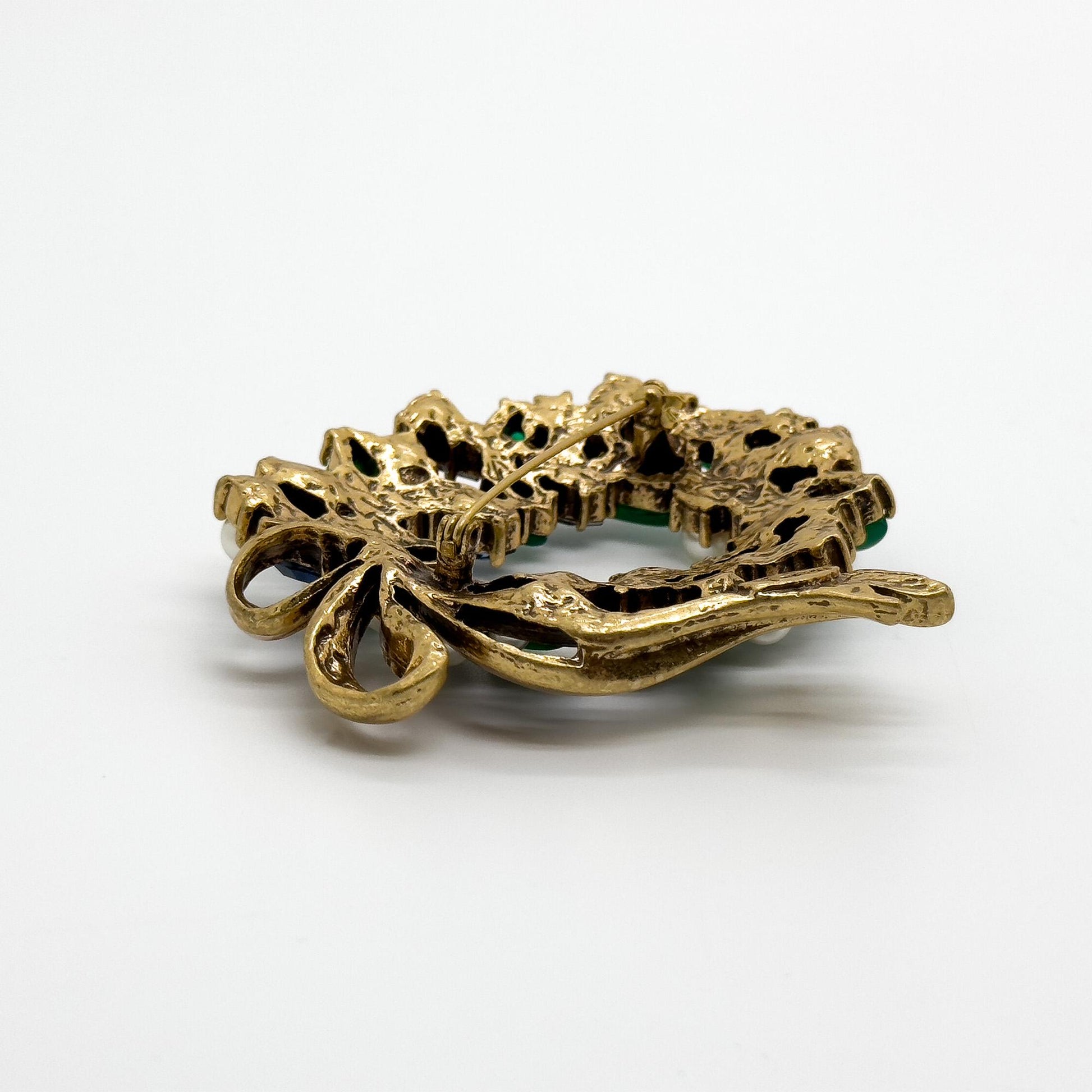 Vintage Art Deco Floral Bow Brooch Glass Pearl Copper 1960s