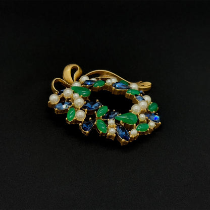 Vintage Art Deco Floral Bow Brooch Glass Pearl Copper 1960s