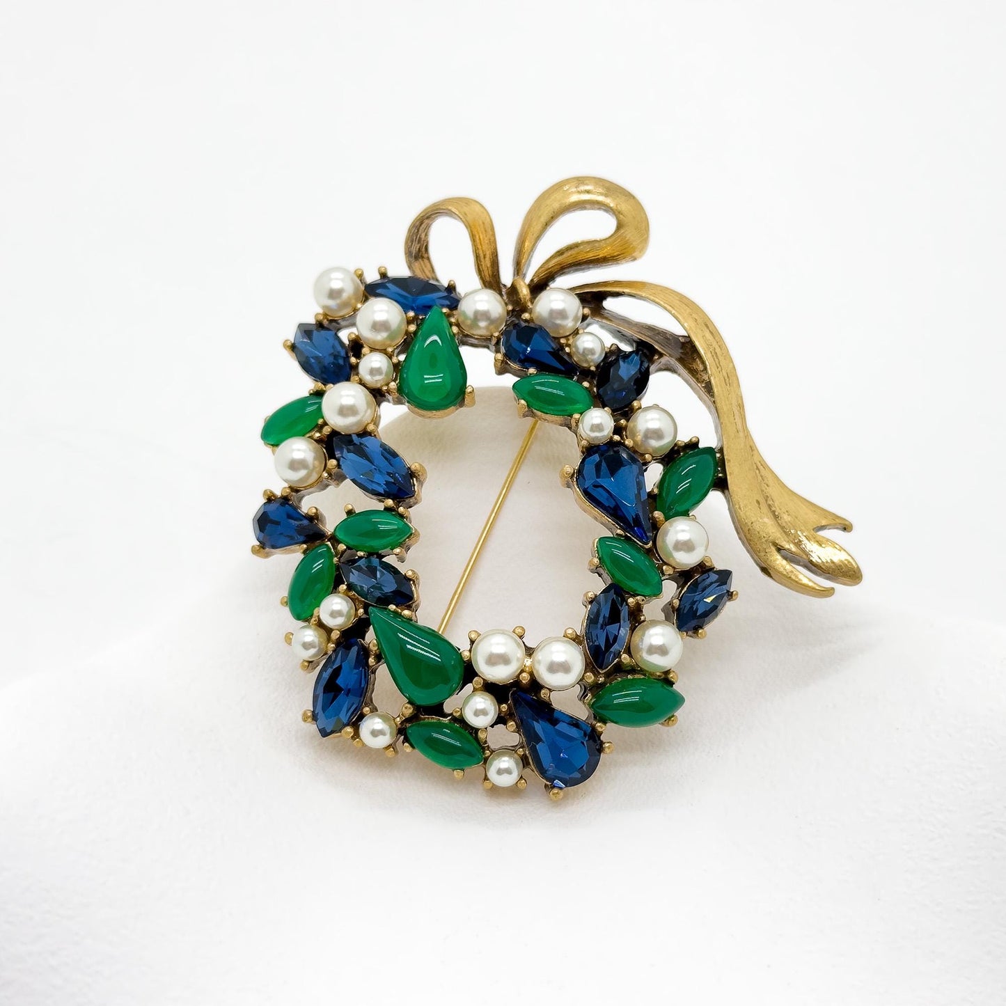 Vintage Art Deco Floral Bow Brooch Glass Pearl Copper 1960s