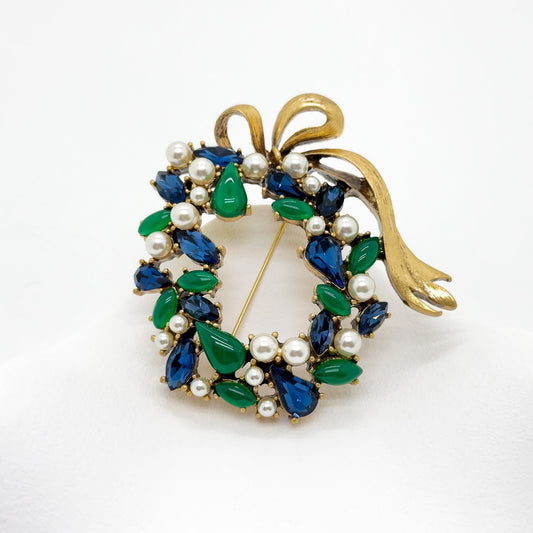 Vintage Art Deco Floral Bow Brooch Glass Pearl Copper 1960s