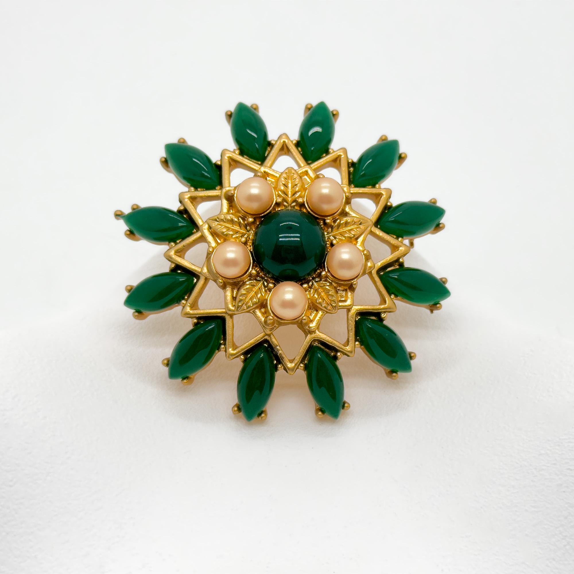 Vintage Art Deco Green Floral 3D Flower Brooch, 1960s Style
