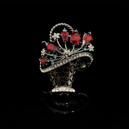 Vintage Deco Purple Crystal Brooch Basket of Flowers Statement Pin