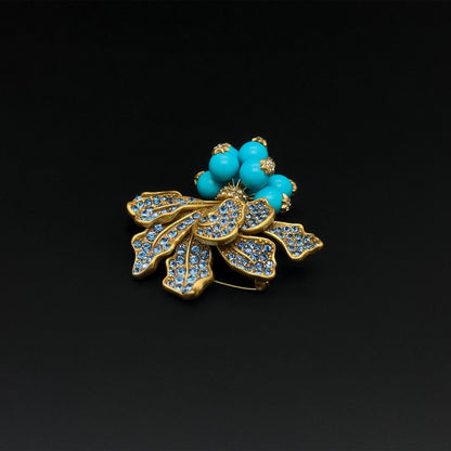 Vintage Art Deco Radish Brooch 3D Leaf Blue Crystal Pin