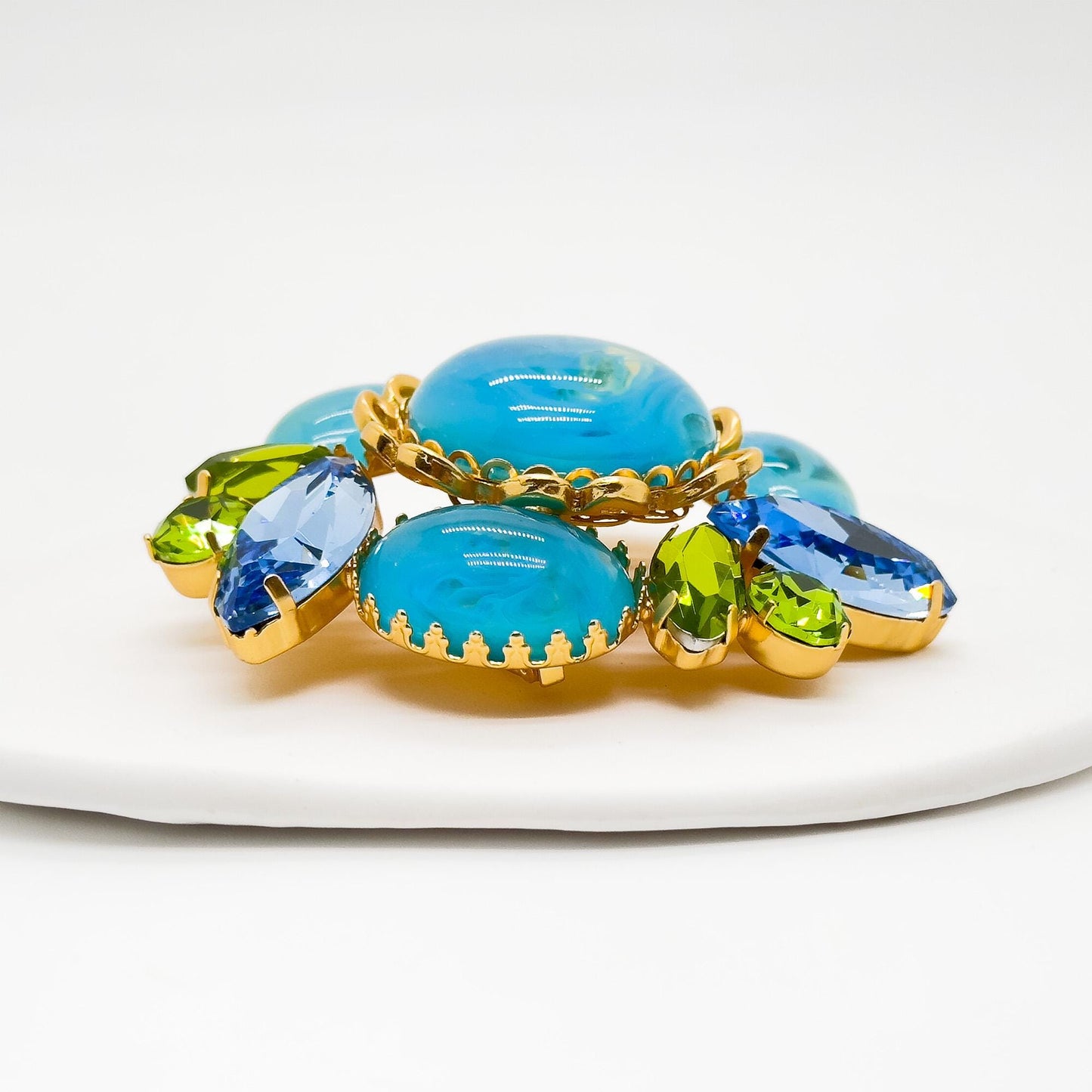 Vintage Art Deco Brooch Blue Enamel Glass Gold-Plated Statement