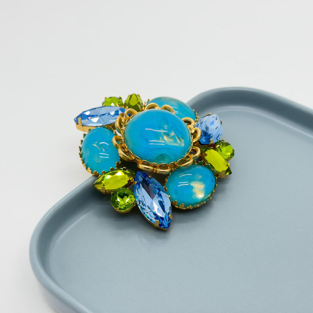 Vintage Art Deco Brooch Blue Enamel Glass Gold-Plated Statement