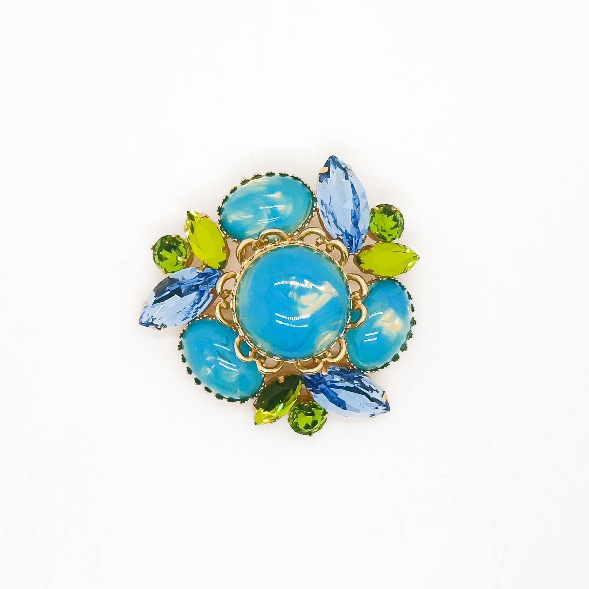 Vintage Art Deco Brooch Blue Enamel Glass Gold-Plated Statement