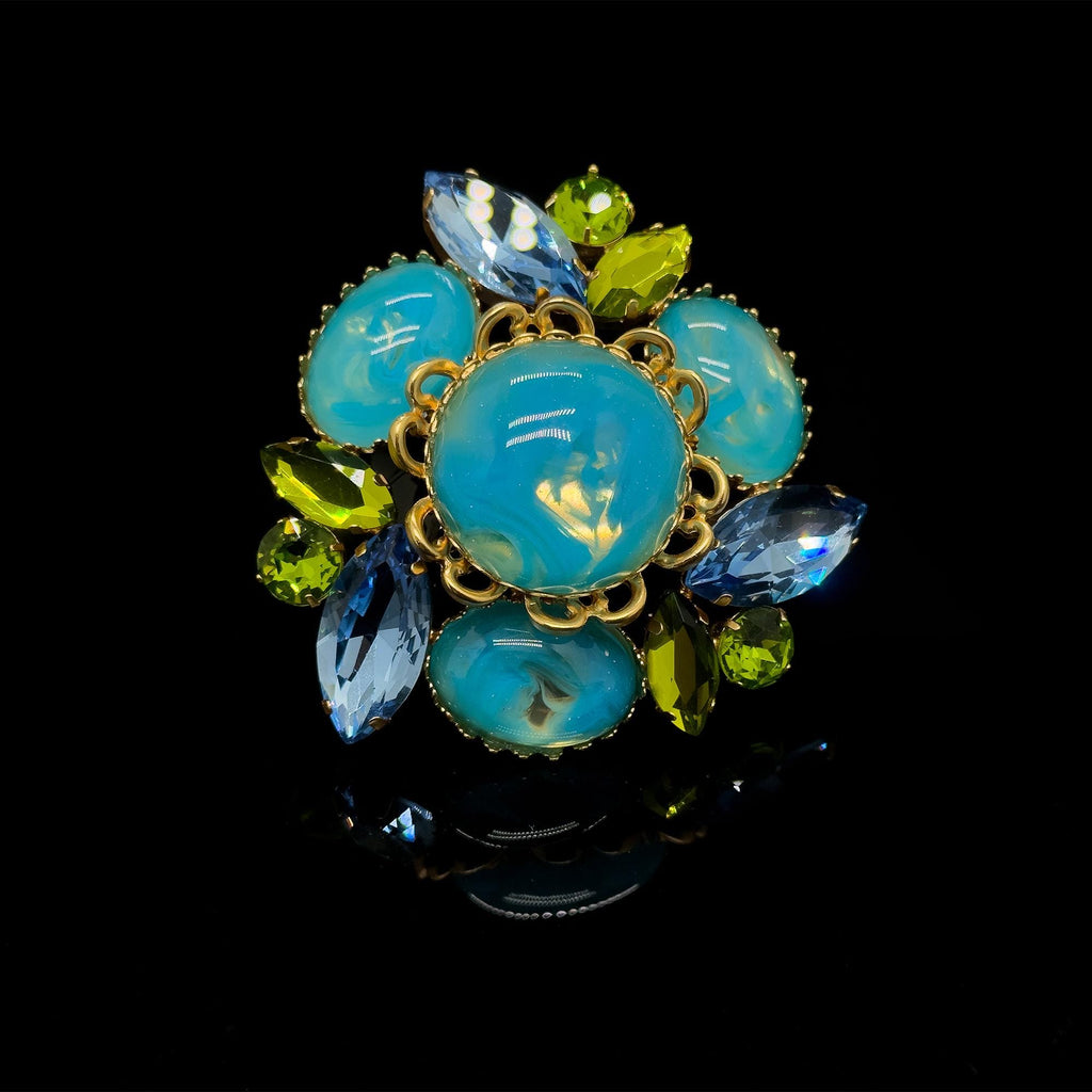 Vintage Art Deco Brooch Blue Enamel Glass Gold-Plated Statement