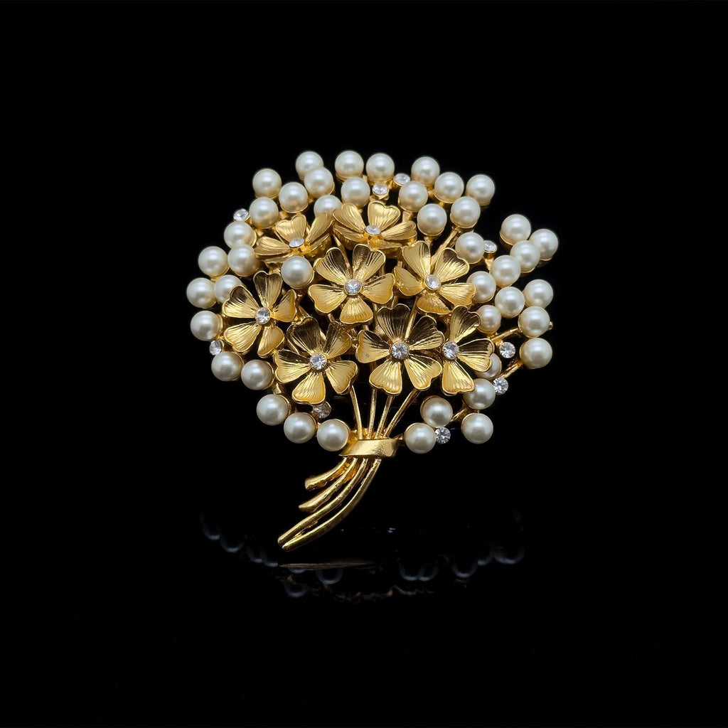 Vintage Art Deco 3D Flower Brooch with Pearls, 18K Gold-Plated