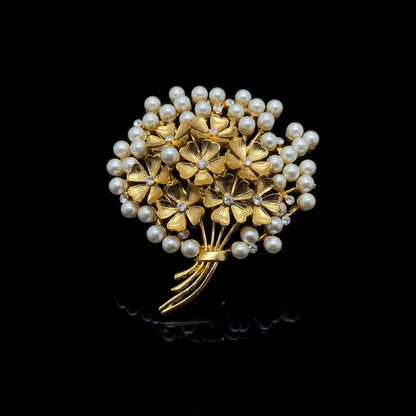 Vintage Art Deco 3D Flower Brooch with Pearls, 18K Gold-Plated