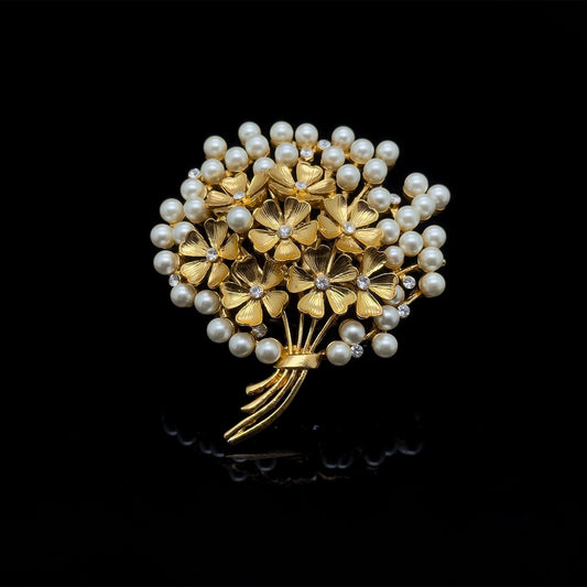 Vintage Art Deco 3D Flower Brooch with Pearls, 18K Gold-Plated