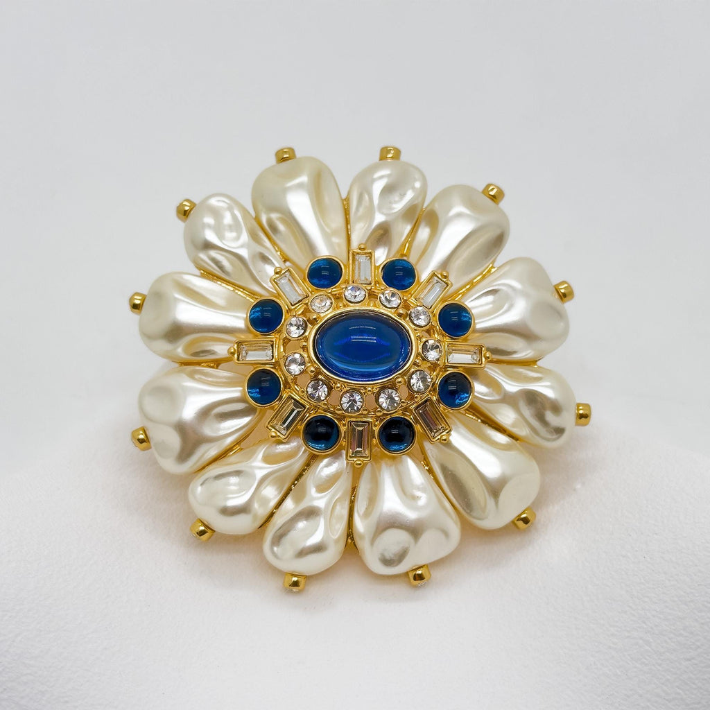 Vintage Art Deco Sunflower Brooch 3D Pearl Gold-Plated Pin