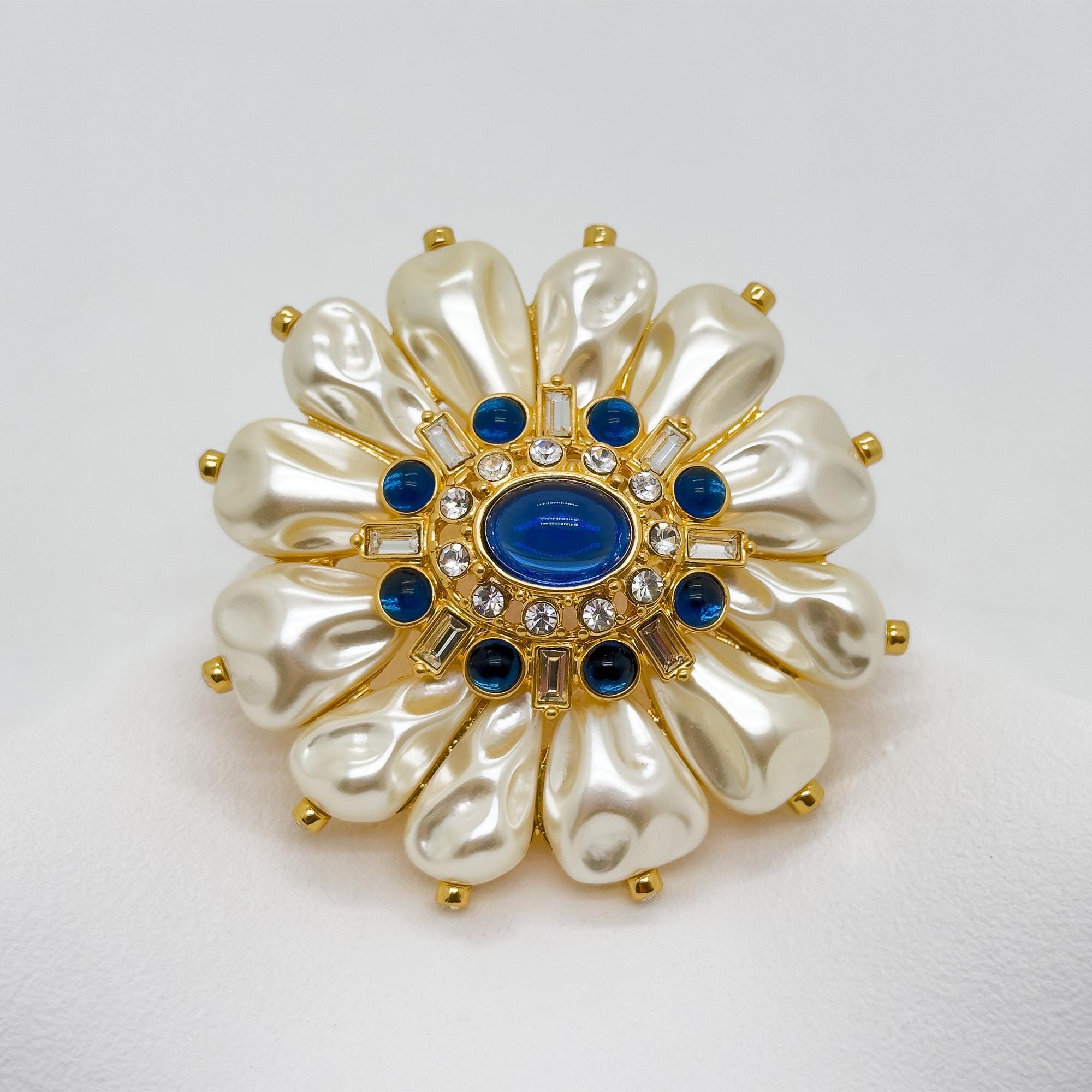 Vintage Art Deco Sunflower Brooch 3D Pearl Gold-Plated Pin