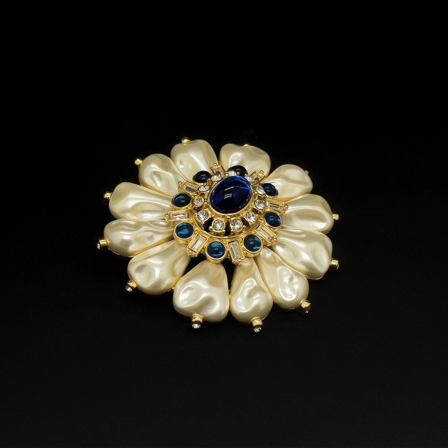 Vintage Art Deco Sunflower Brooch 3D Pearl Gold-Plated Pin