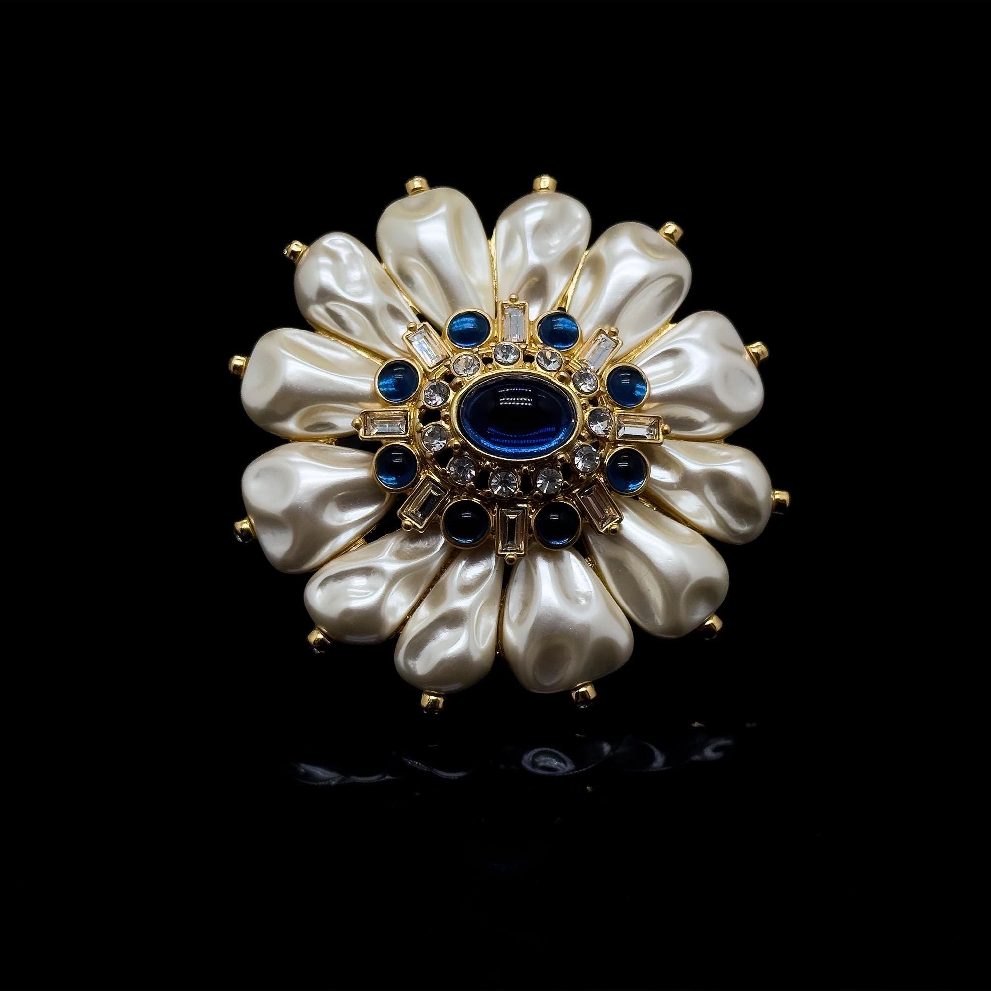 Vintage Art Deco Sunflower Brooch 3D Pearl Gold-Plated Pin