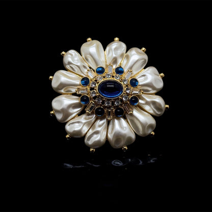 Vintage Art Deco Sunflower Brooch 3D Pearl Gold-Plated Pin