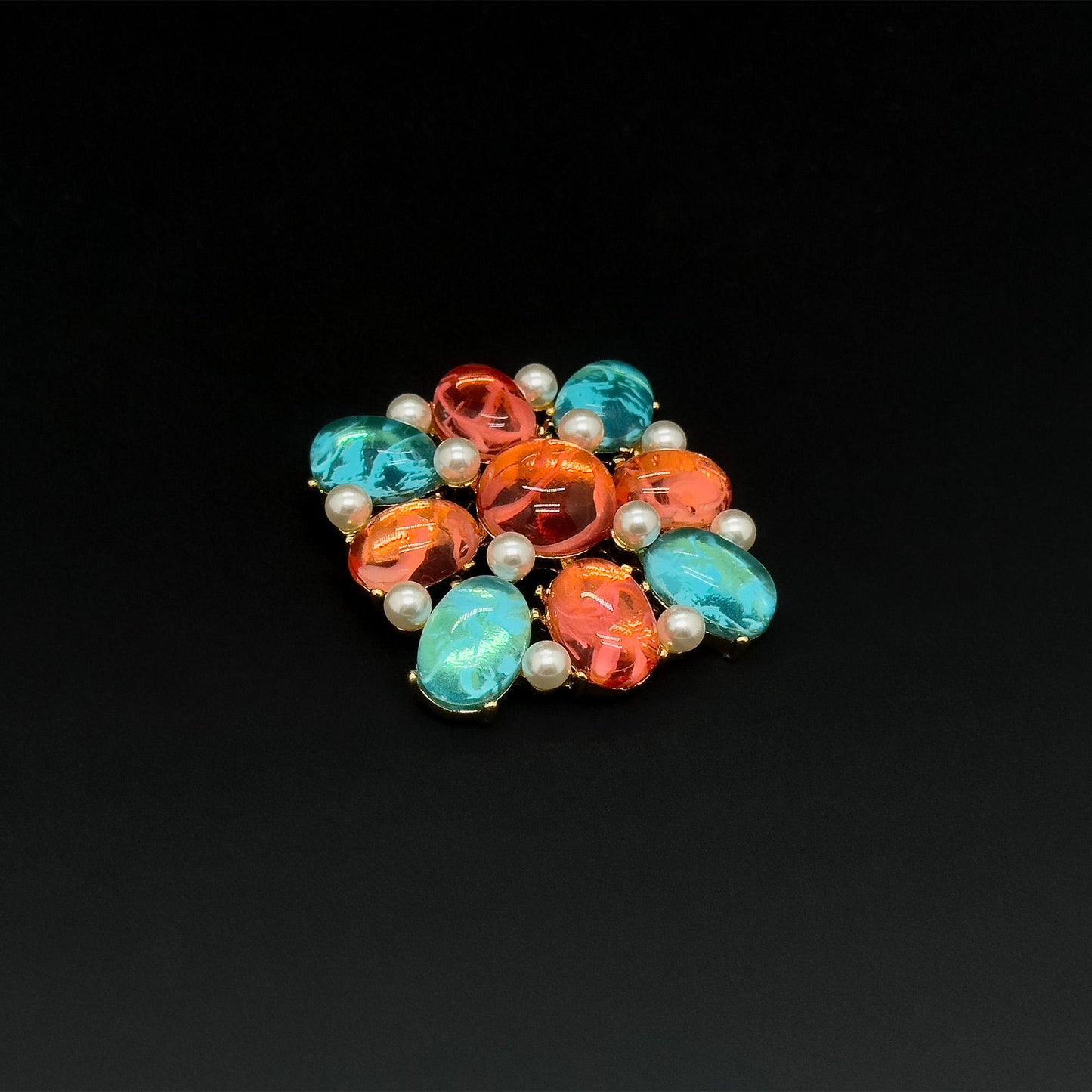 Vintage Art Deco Lapis Lazuli Pearl Gold-Plated Geometric Enamel Brooch